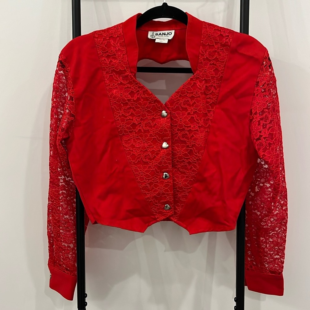 Vintage 80s Banjo Red Heart Lace Long Sleeve Blouse Western Cowboy SZ S Y2K Top
